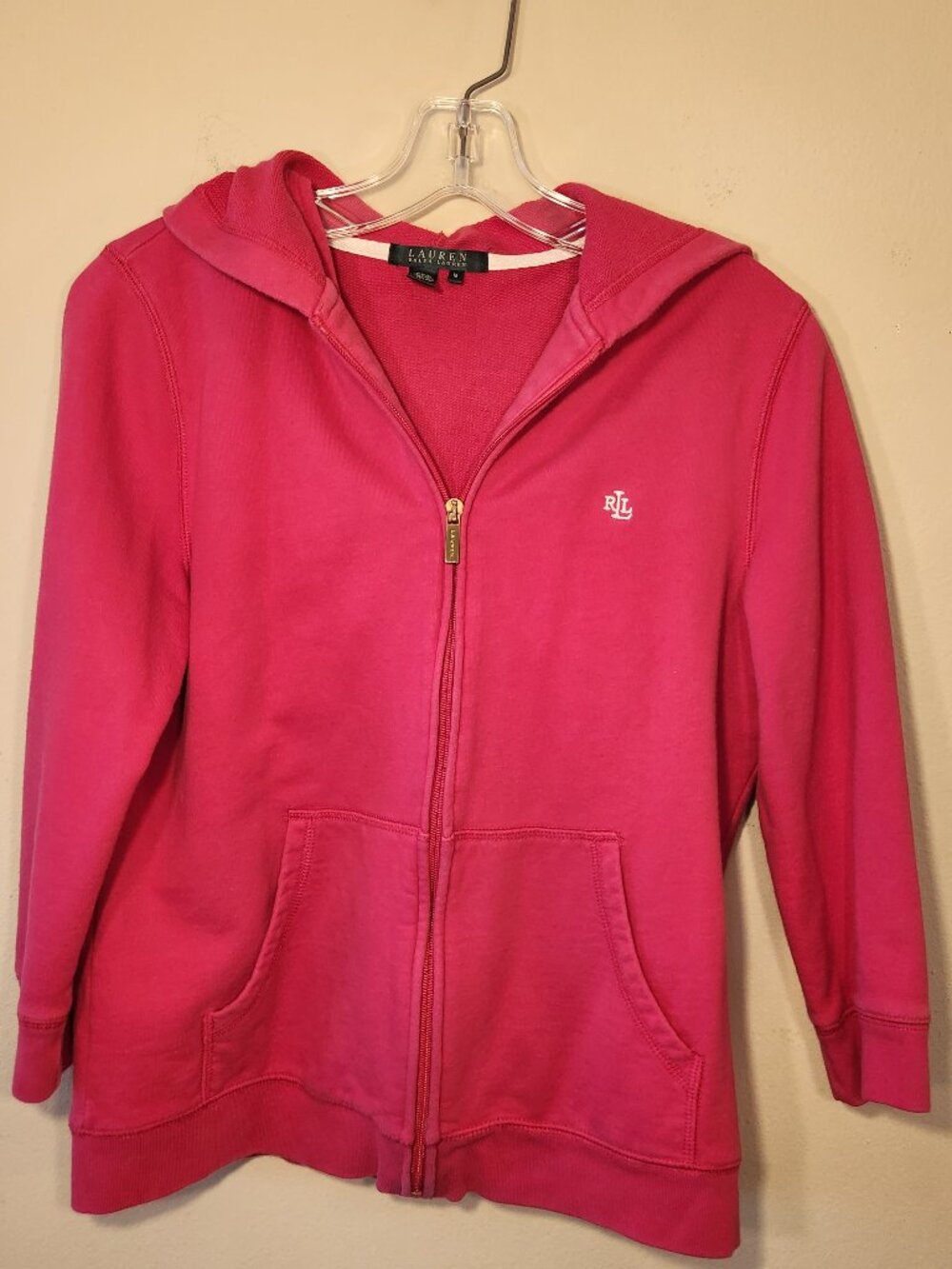 Ralph Lauren pink 3/4 sleeve zip front hoodie size medium